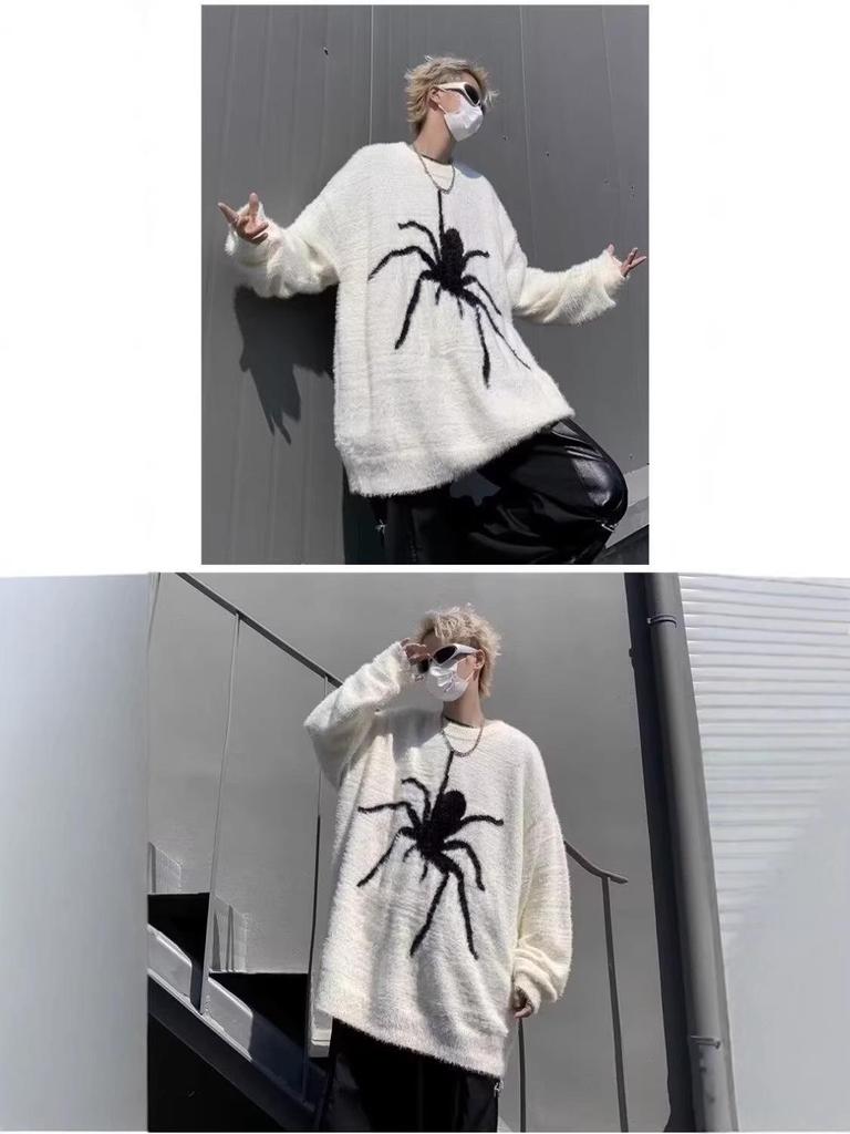 Unisex Plus Size American Retro Spider Sweater - High Street Autumn/Winter Style Mink Velvet Loose Knitwear