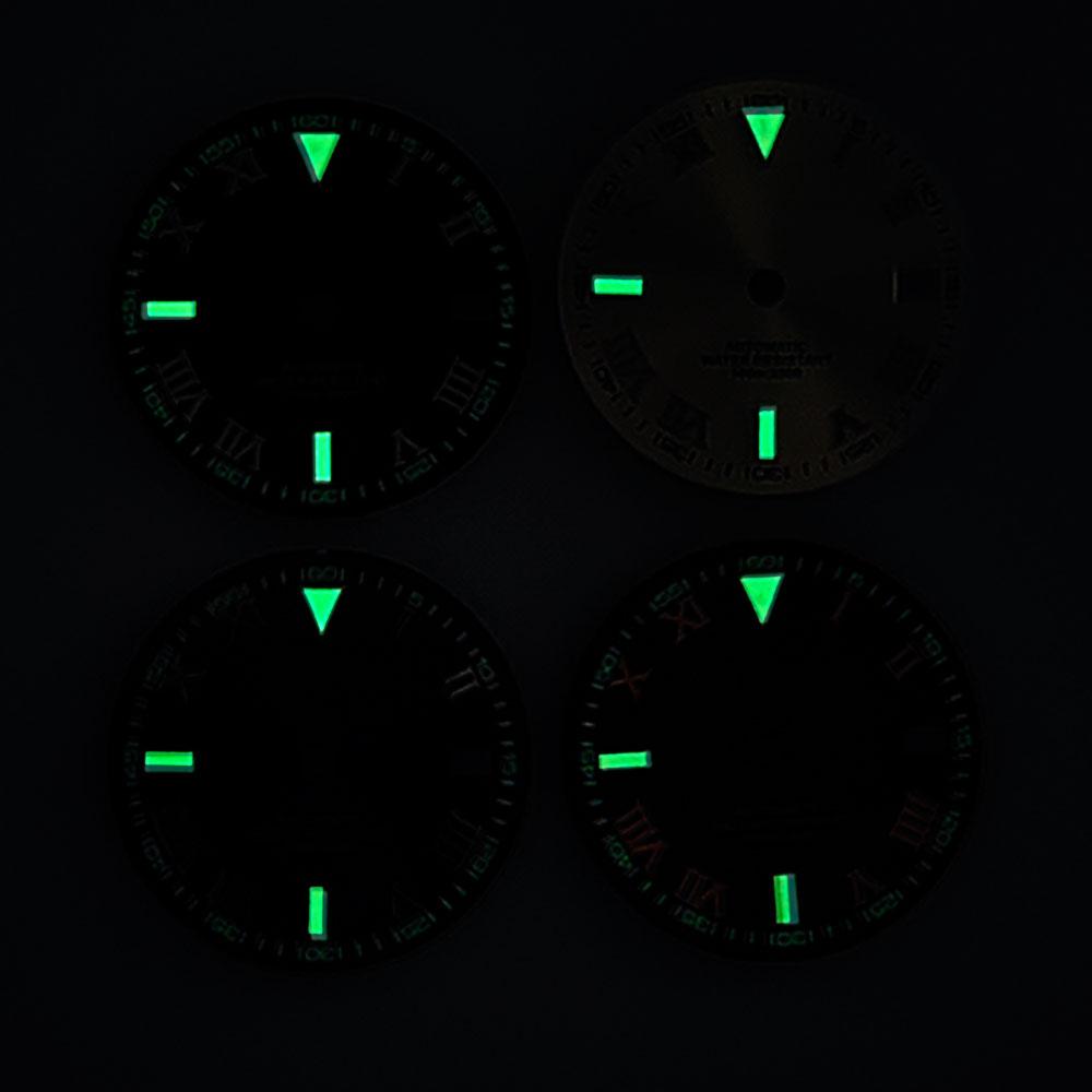 NH35 29mm No Logo Sterile Sunburst Watch Dial For NH35A NH36 Movement Green Luminous Silver/Rose Gold Roman Numeral Nail Dial