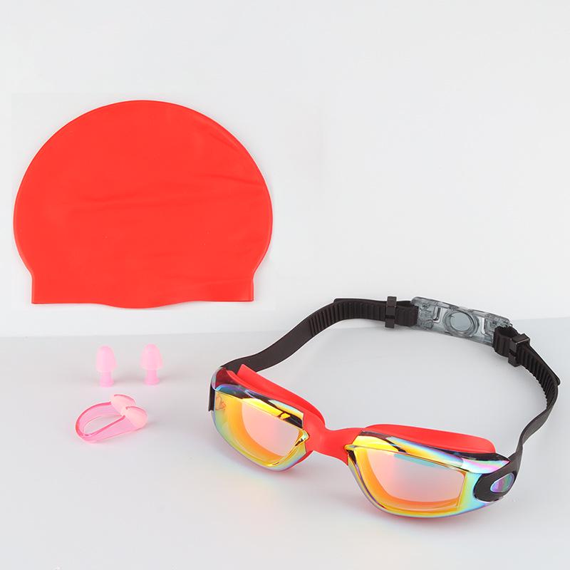 Adult Waterproof Four-Piece Swim Set: Anti-Fog Electroplated High-Definition Goggles with Swim Cap.