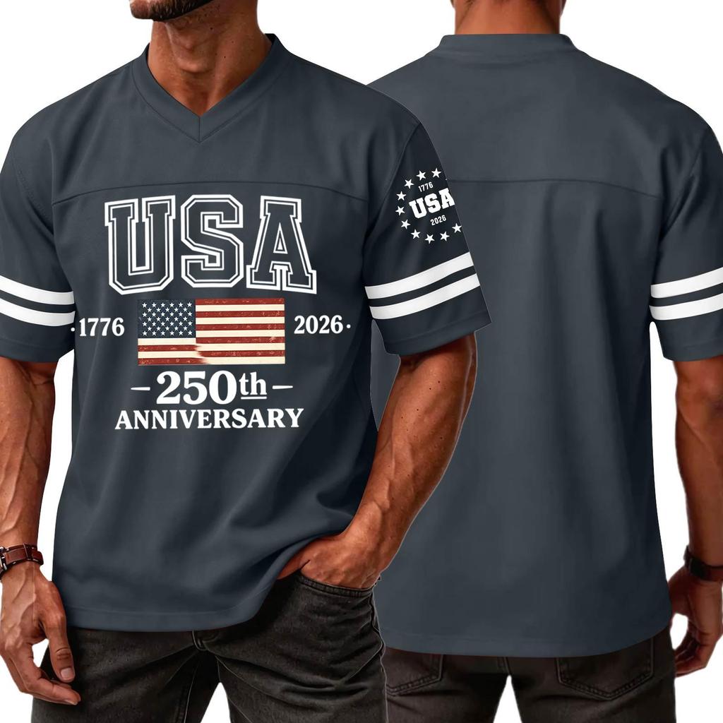 Men's V Neck Short Sleeve Sports T Shirt with USA 250th Anniversary 1776 2026 Print Casual Fashion Jersey Style Top