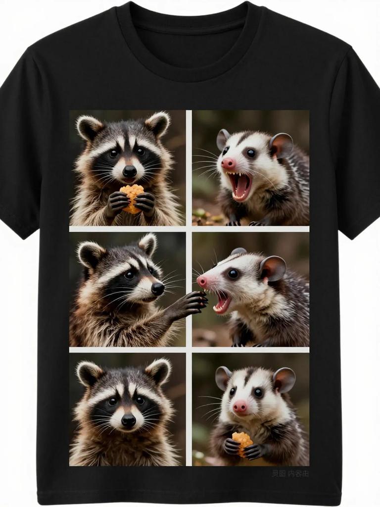 Men' & ' Funny Possum & Raccoon Photobooth T-Shirt - Retro 4-Poses Suitable for Casual Wear, Themed