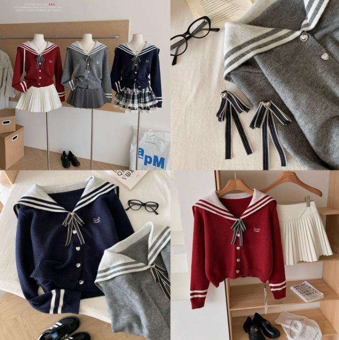 Korean Style Striped Knit Cardigan with Bowknot Sailor Collar for Women