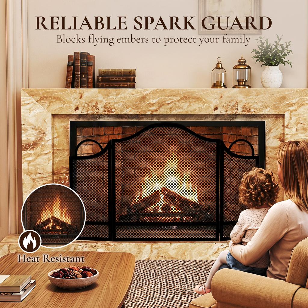 Floral 3-Panel Folding Fireplace Screen 122 X 1 X 74 Cm Black