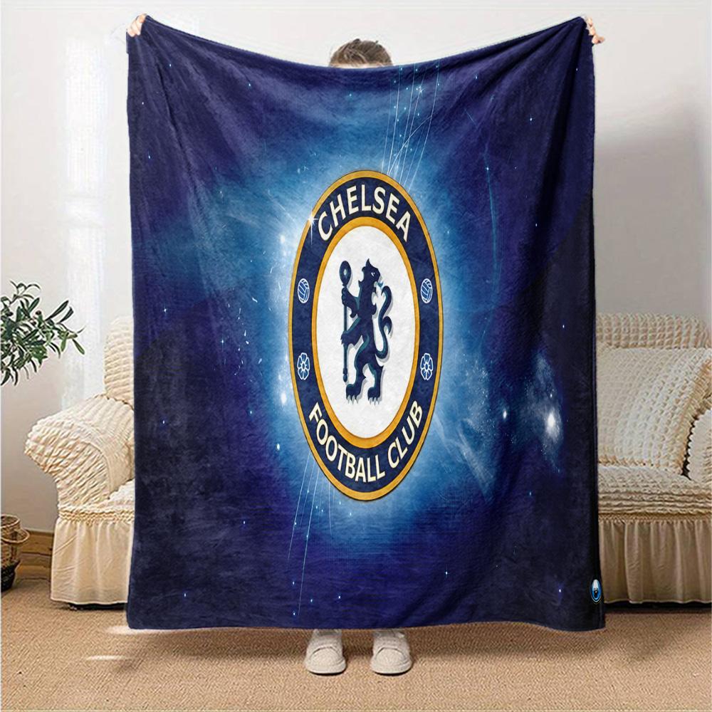Chelsea Football Club Crest Flannel Blanket, Soft Polyester, Modern Design, All-Season for Camping, Travel, Gifts for holidays or birthdays