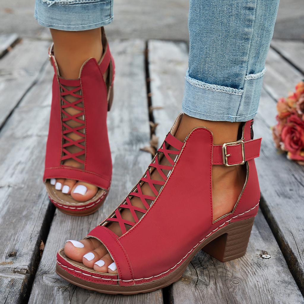 2025 New Women Chunky Heeled Sandals Outdoor High Heels Sandals Retro Peep Toe Cut-out Buckle Strap Shoes Women Zapatos De Mujer