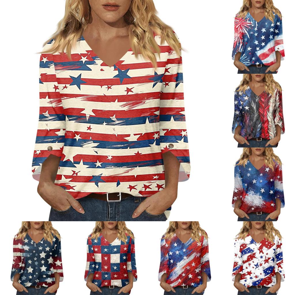 Womens Casual V Neck Three Quarter Sleeve T Shirt Top with Independence Day Inspired Print Loose Fit Lightweight Blouse for Daily Wear