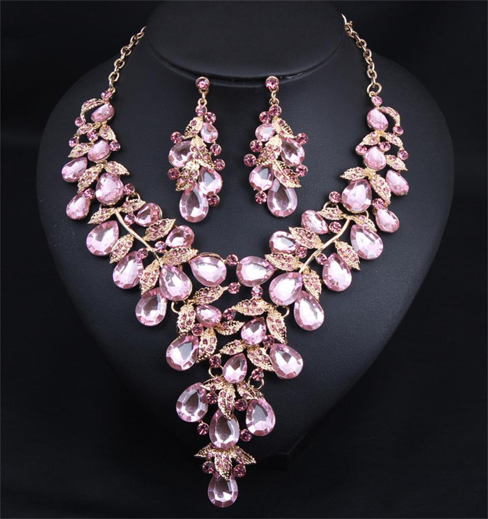 Gorgeous Colorful Crystal Flower Drop Collar Necklace Earring Luxury Wedding Jewelry Set Exaggerated Girl's Bridal Party Gift