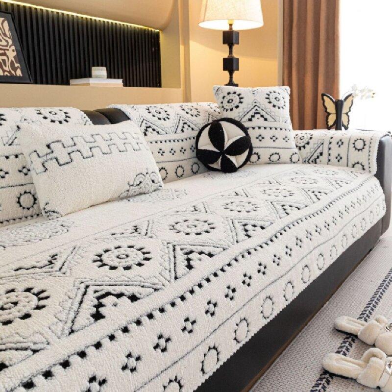 1Count Cold Weather Gentle Plush Sofa Pillow Slip Patterned Jacquard Northern European Style Corner Couch Furniture Cover Cat Pet Proof Sofa Pad Mat