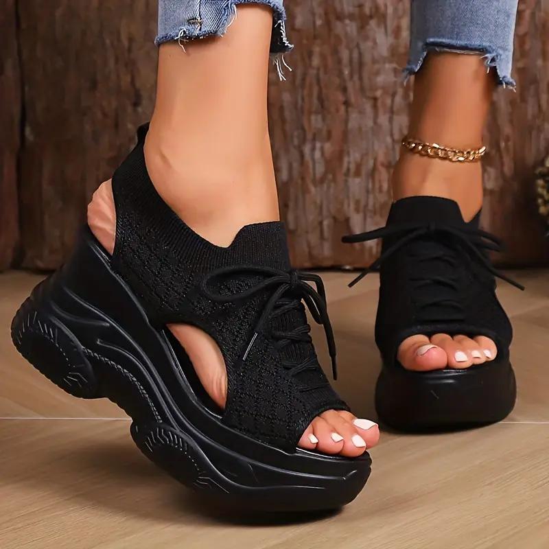 Summer Fashion Comfortable Round-toe Wedge Light Roman Sandals Non-slip Thick-soled Lace-up Casual Sneakers for Women