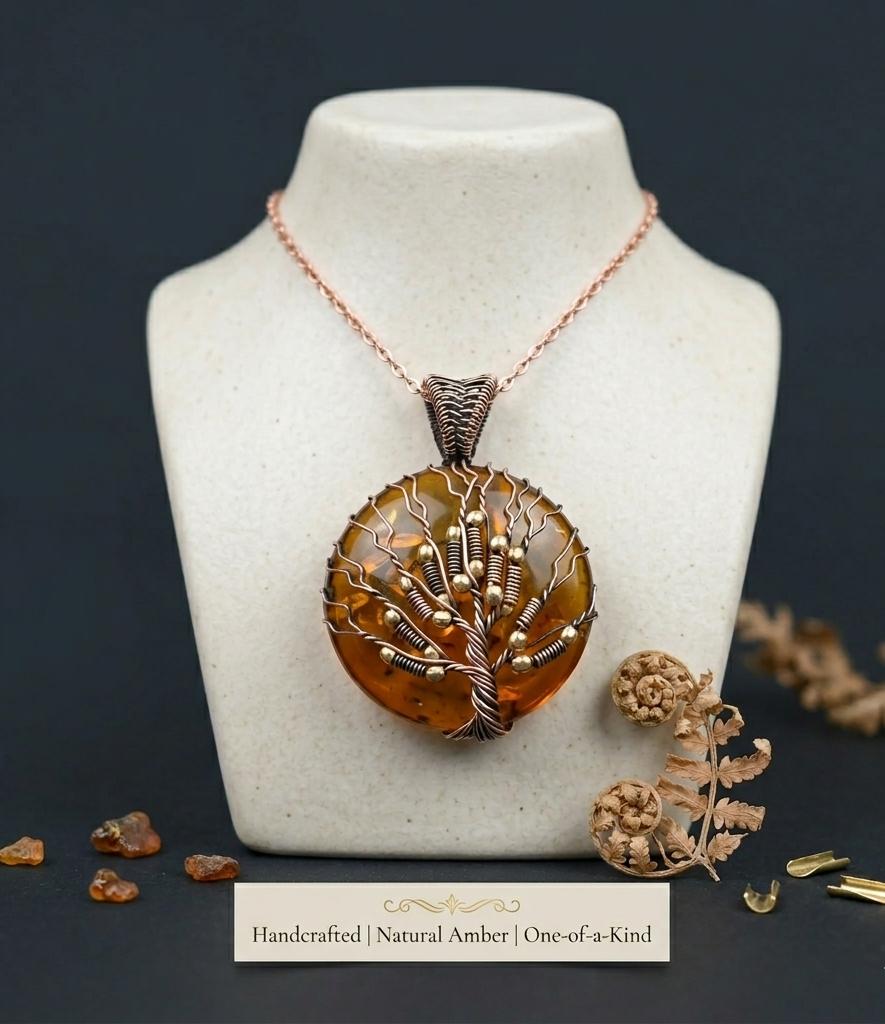 Vintage Tree of Life Wire Wrapped Pendant Natural Amber GemStone Copper Pendant Handmade Copper Jewelry Gift