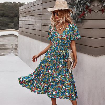 Ανοιξιάτικο Καλοκαιρινό Floral Φόρεμα Γυναικείο Casual Ψηλόμεσο V λαιμόκοψη S-XL