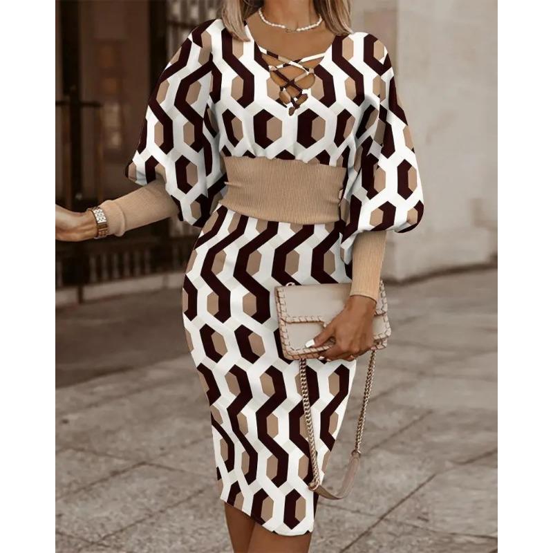 Abiti casual con scollo a V a maniche lunghe autunno inverno moda donna