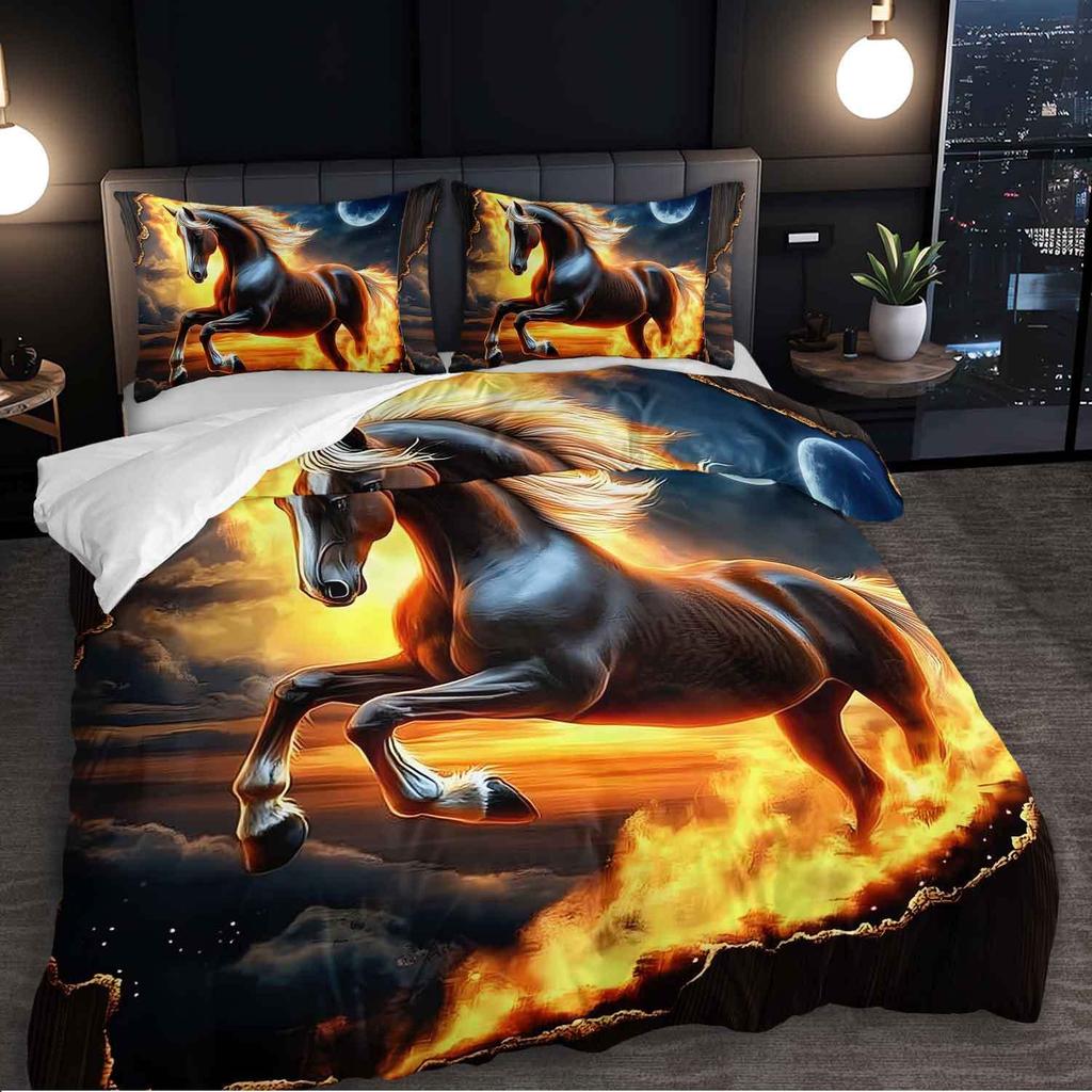 3pcs Fiery Horse Bedding Duvet Cover Set Horse Bedding Quilt Set Luxury Horse Themed Bed Quilt Set Flaming Horse Bedroom Decor