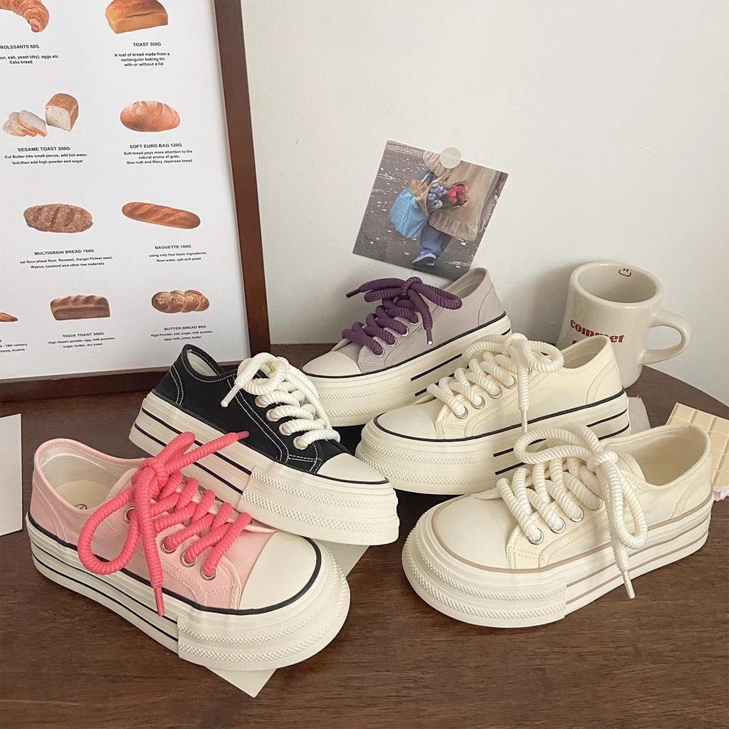 Cream platform canvas shoes women's thin summer new trendy niche big head muffin student white shoes