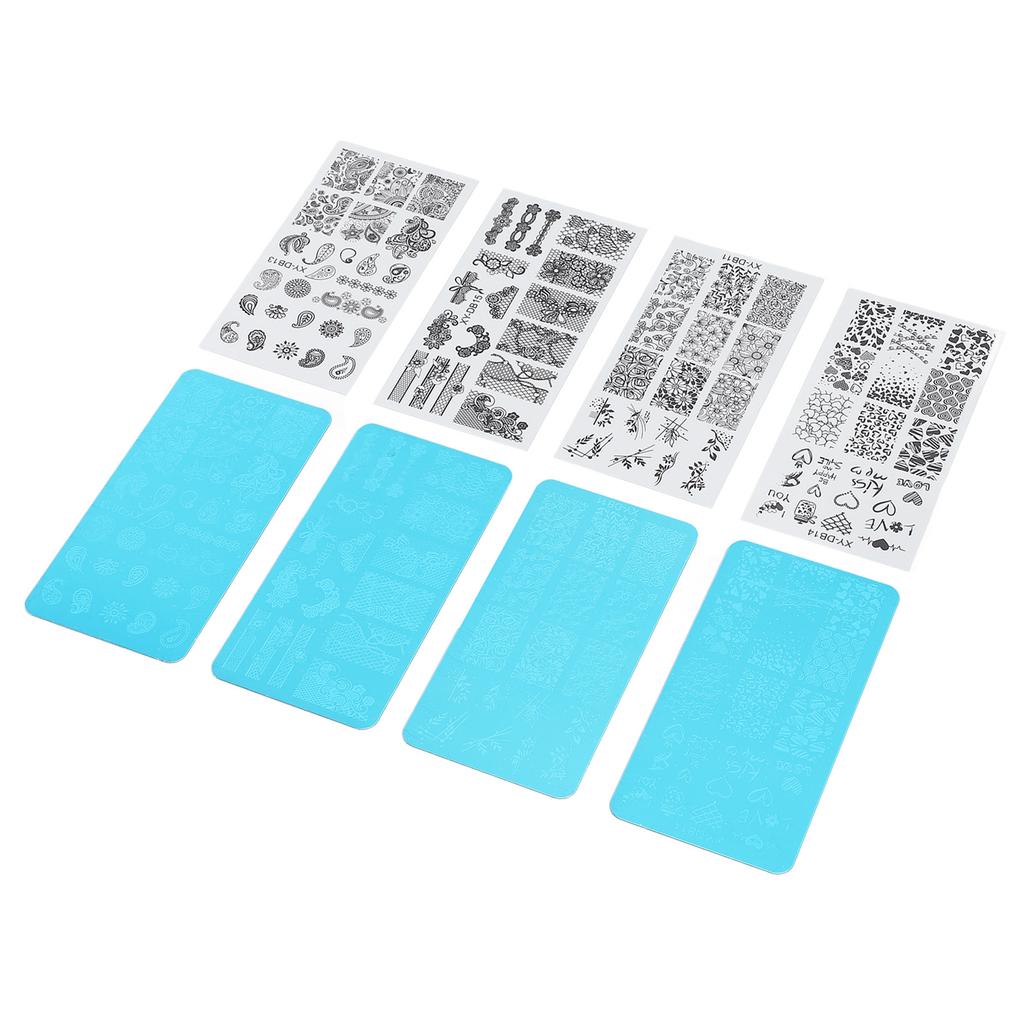 4pcs French Nail Art Stamping Plate Nail Stamping Image Plate Nail Printing Steel Plate with Transparent Films for Nail Polish Artificial Nails