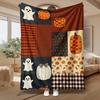 Plaid Patchwork Ghost Pumpkin Print Throw Blanket, Vintage Halloween Themed Home Cover for Sofa Bedroom