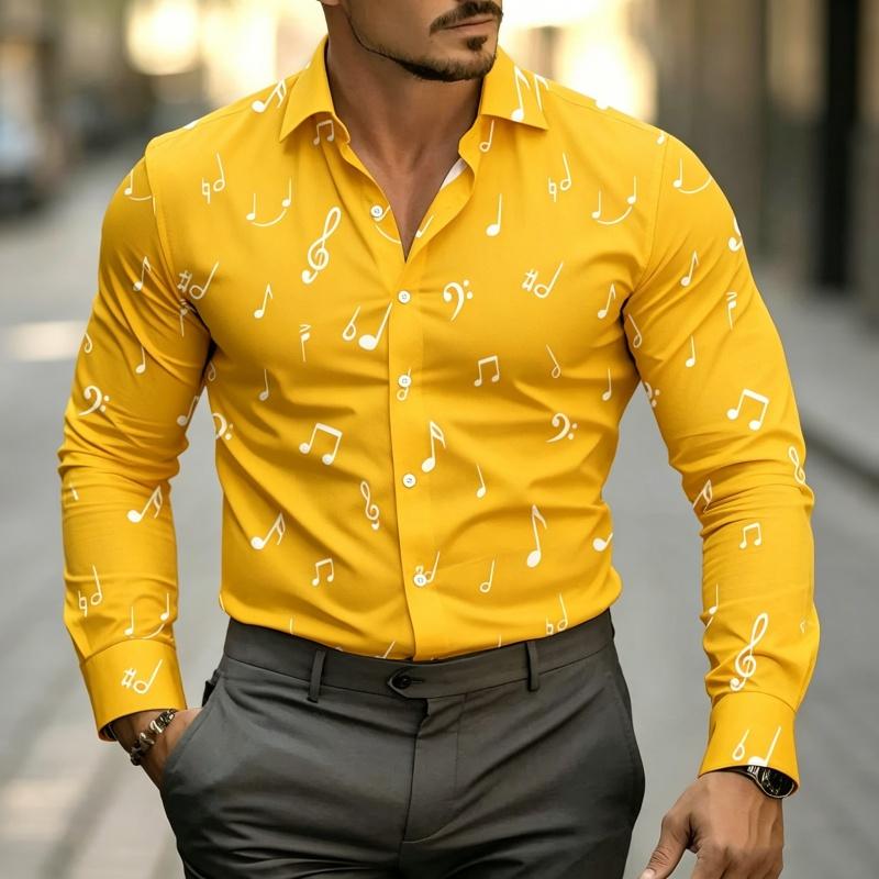 Men's Music Note Print Long Sleeve Shirt Fashion Slim Fit Button Down Casual Blouse Tops