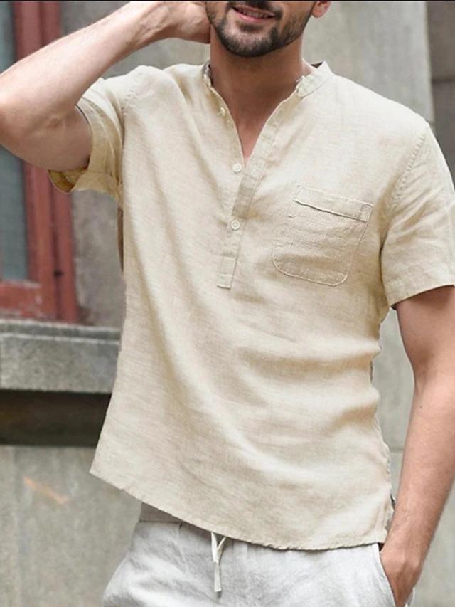 European and American Summer Men's Solid Color Short-Sleeve Stand Collar Casual Shirt for Teens, Large Size