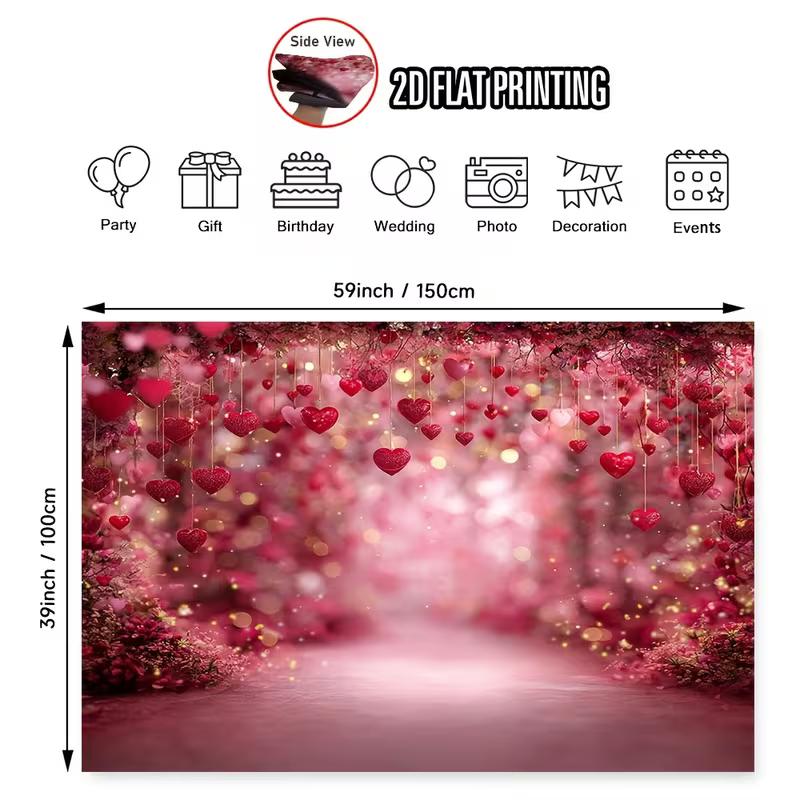 2D Enchanted Red Hanging Hearts Backdrop with Bokeh Lights