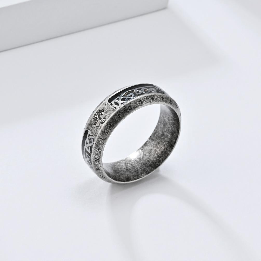 Retro Nordic Viking Text Titanium Steel Ring Niche Personality Tree of Life