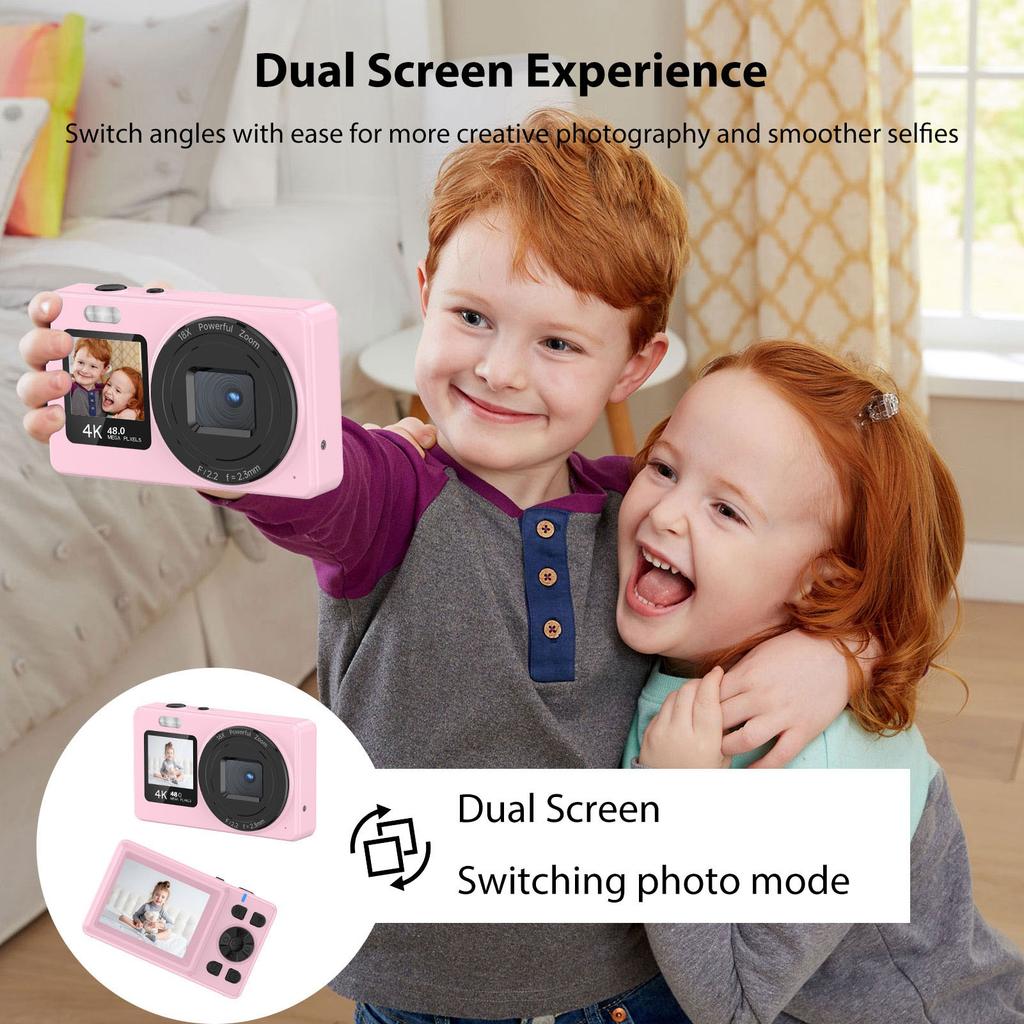 4K Dual Screen Digital Camera Automatic Focus 18X Zoom Portable 2.4 Inch Display for Students Teenagers Kids