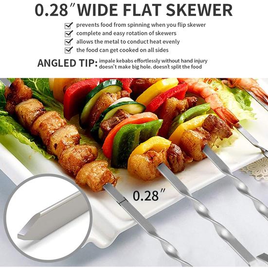 10Pcs Barbecue Skewers for Grilling Flat Stainless Steel Kebab Sticks Reusable BBQ Grill Sticks for Meat Chicken