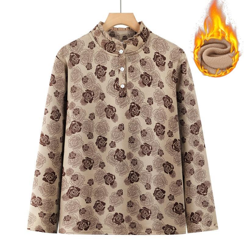 Autumn and Winter Long-sleeved Floral Bottoming Shirt Fashionable Large Size Medium-sized Elderly Lace Collar Velvet Clothes