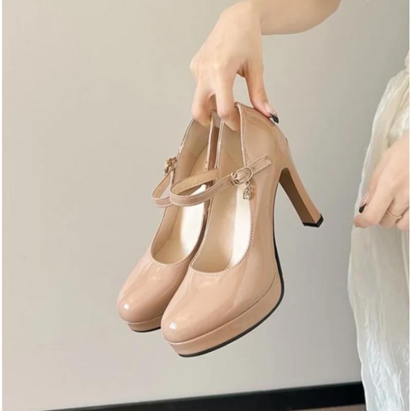Plus Size 34-42 Mary Janes Women Pumps Fashion Round Toe Patent Leather 12cm High Heels Shoes Spring Office Lady Shoes