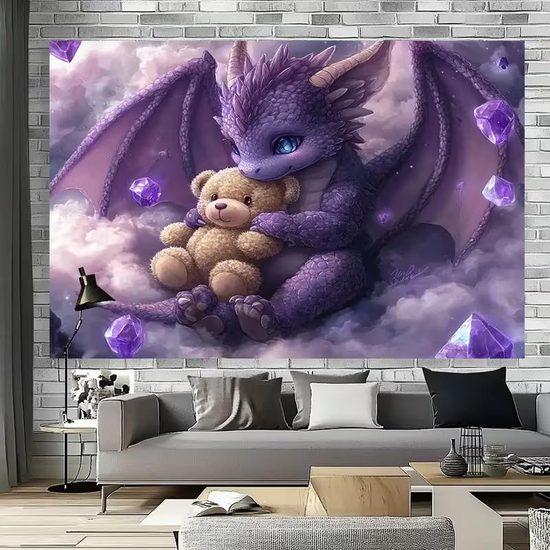 

2D Purple Baby Dragon Hugging Teddy Bear Tapestry Cloud Crystal Wall Hanging 47.2x31.5inch/120*80cm