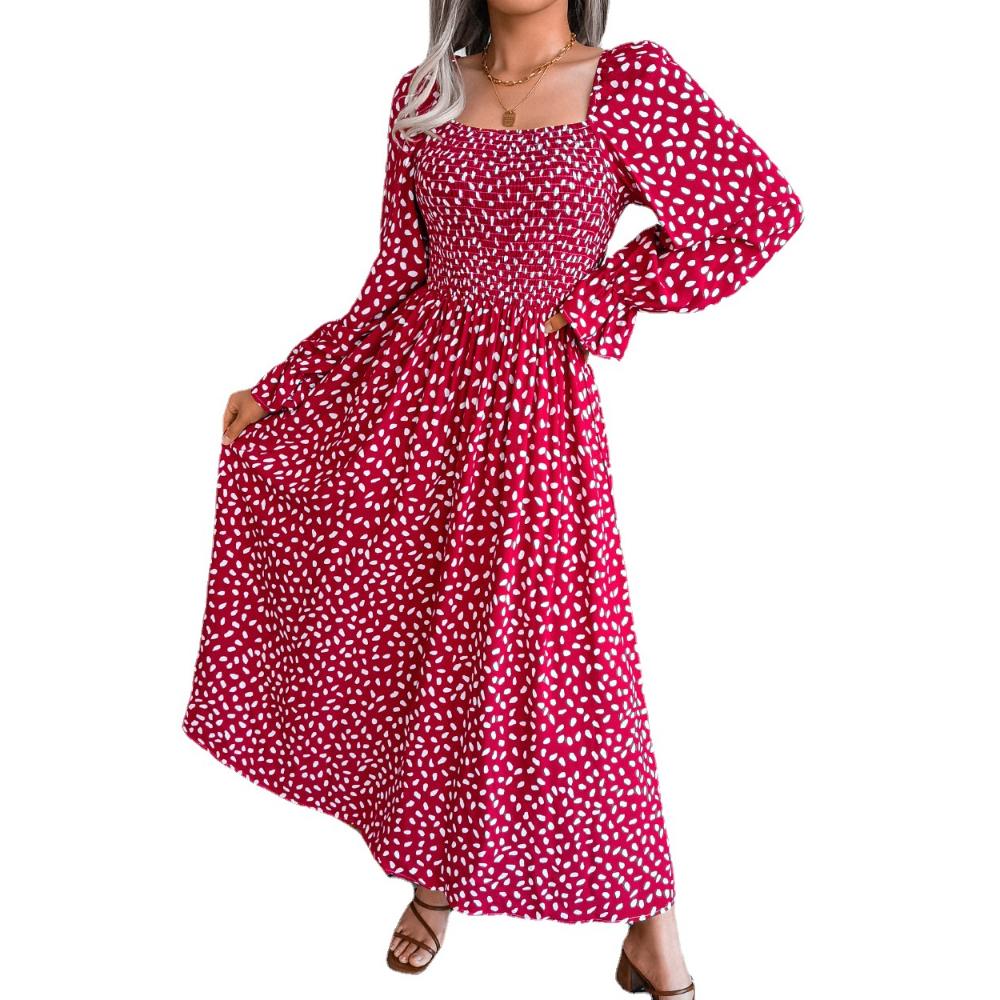 Spring and Autumn Women's Dress Square Neck Long Sleeve Vacation Dresses Pleated Long Dress