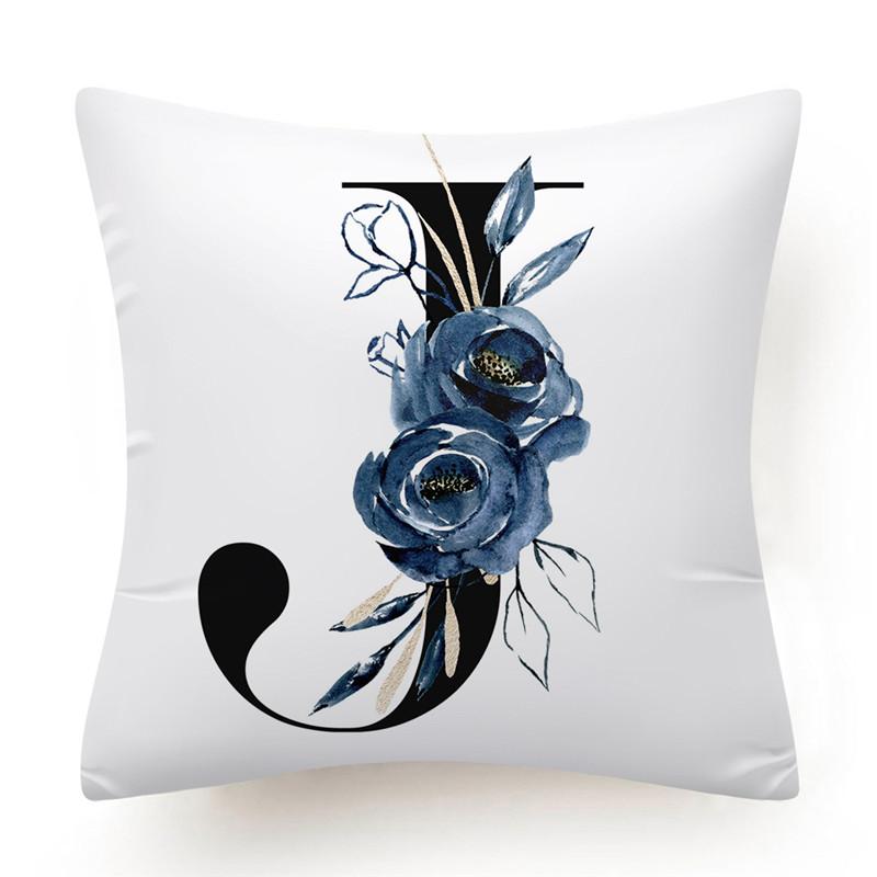 Floral Alphabet Cushion Cover 45x45 Blue Flowers Pillowcase Decorative Sofa Cushions Throw Pillows  Home Decor Pillow Cases