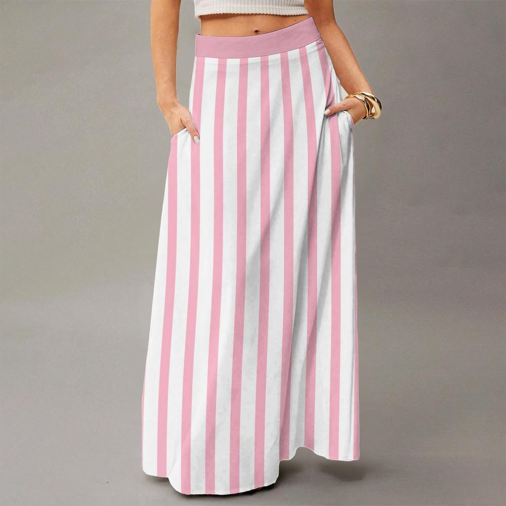 Women's Casual Leisure Foldable Striped Plaid Print High Waist With Pocket Draped  Relaxed Long Maxi Skirt
