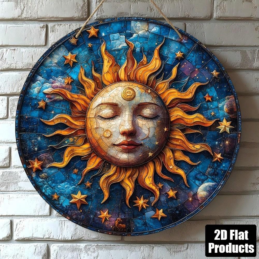 Iron Sheet Art Abstract Sun Moon Round Wall Decor 8x8 Inches 2D Flat Metal Painting Home