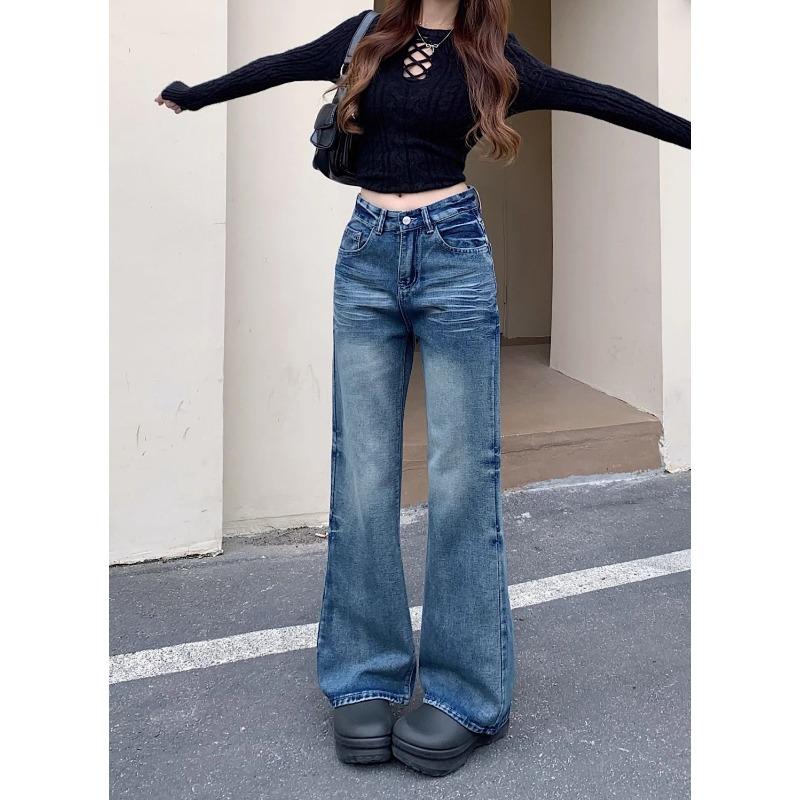 Womens High Waist Vintage Wash Flare Jeans Y2K Low Rise Bootcut Denim Trousers Streetwear