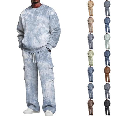 Men's Layer Crewneck Sweatshirt and Cargo Pants Set with Elastic Waist