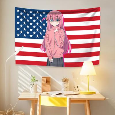 Tapiz de pared de anime japonés B-Bocchi The Rocks con fondo de bandera estadounidense para sala de estar, hogar, dormitorio, decoración de interiores y exteriores.