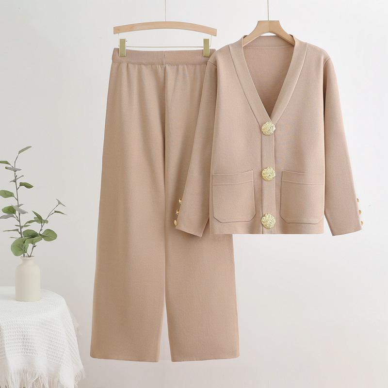 Autumn-Winter V-Neck Cardigan & Wide-Leg Pants Knit Set