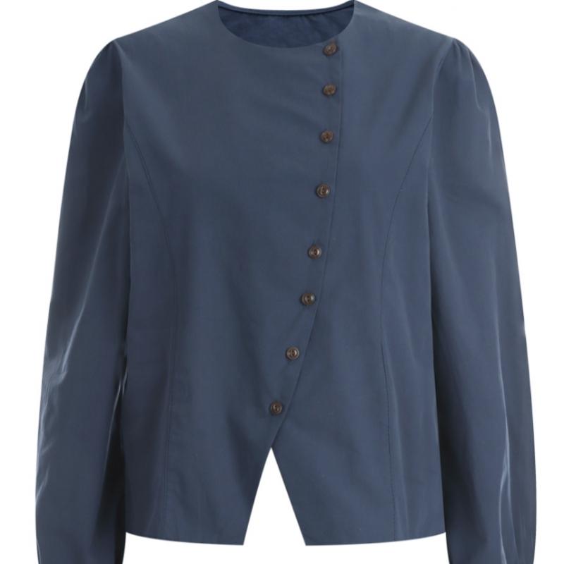 Shop   Women No Collar Asymmetrical Button Line Simple Shirring Blouse Ivory Egg