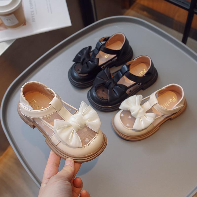 Girls Princess Shoes Big Bows T-strap Kids Leather Shoes Mesh Breathable 2025 Summer New Girls Sandals Round Toes Sweet Ins
