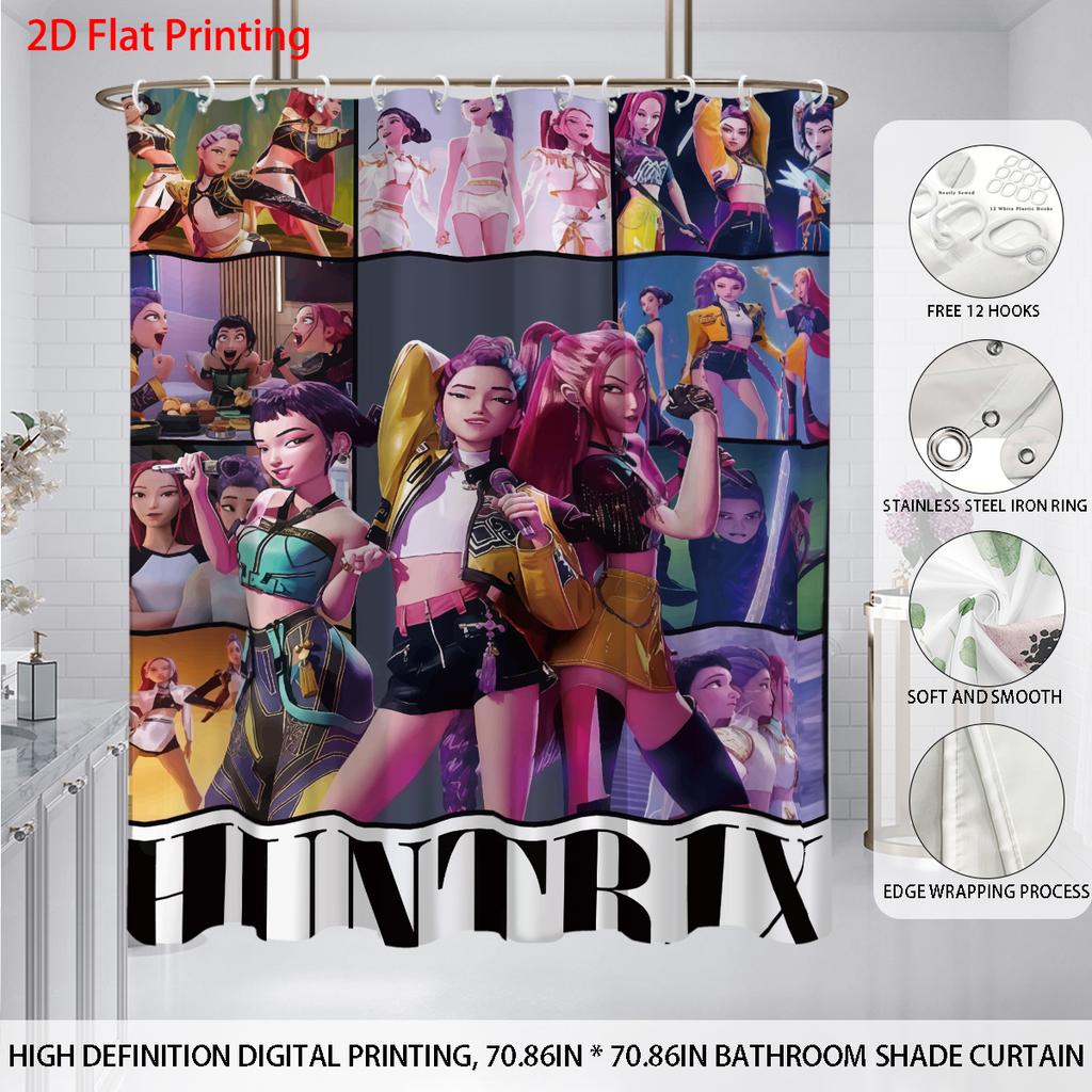 1pc K-Pop Demon Hunters Printed Waterproof Shower Curtain Privacy Hanging Curtain with 12 Hooks Multiple Sizes Machine Washable