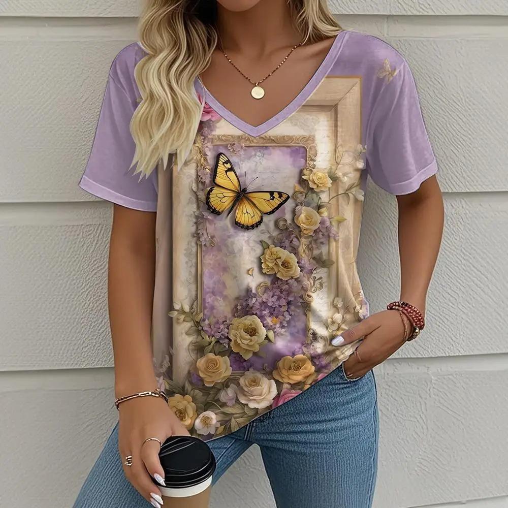 Flower Butterfly T-Shirts 3D Print Women V-Neck Short Sleeve T-Shirt Casual Breathable Loose Oversized Comfortable T-Shirt