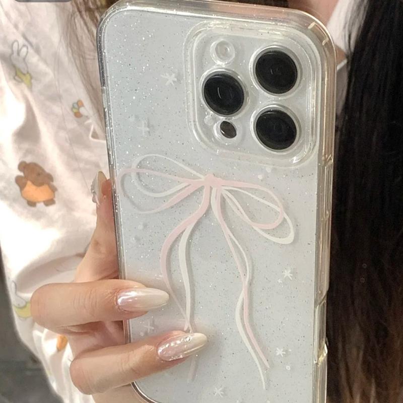 Korea Sparkling Pink White Bow Phone Case For iPhone 16 15 14   11ProMax Mini Pro XR XS 78Plus Anti Drop Protective Cover