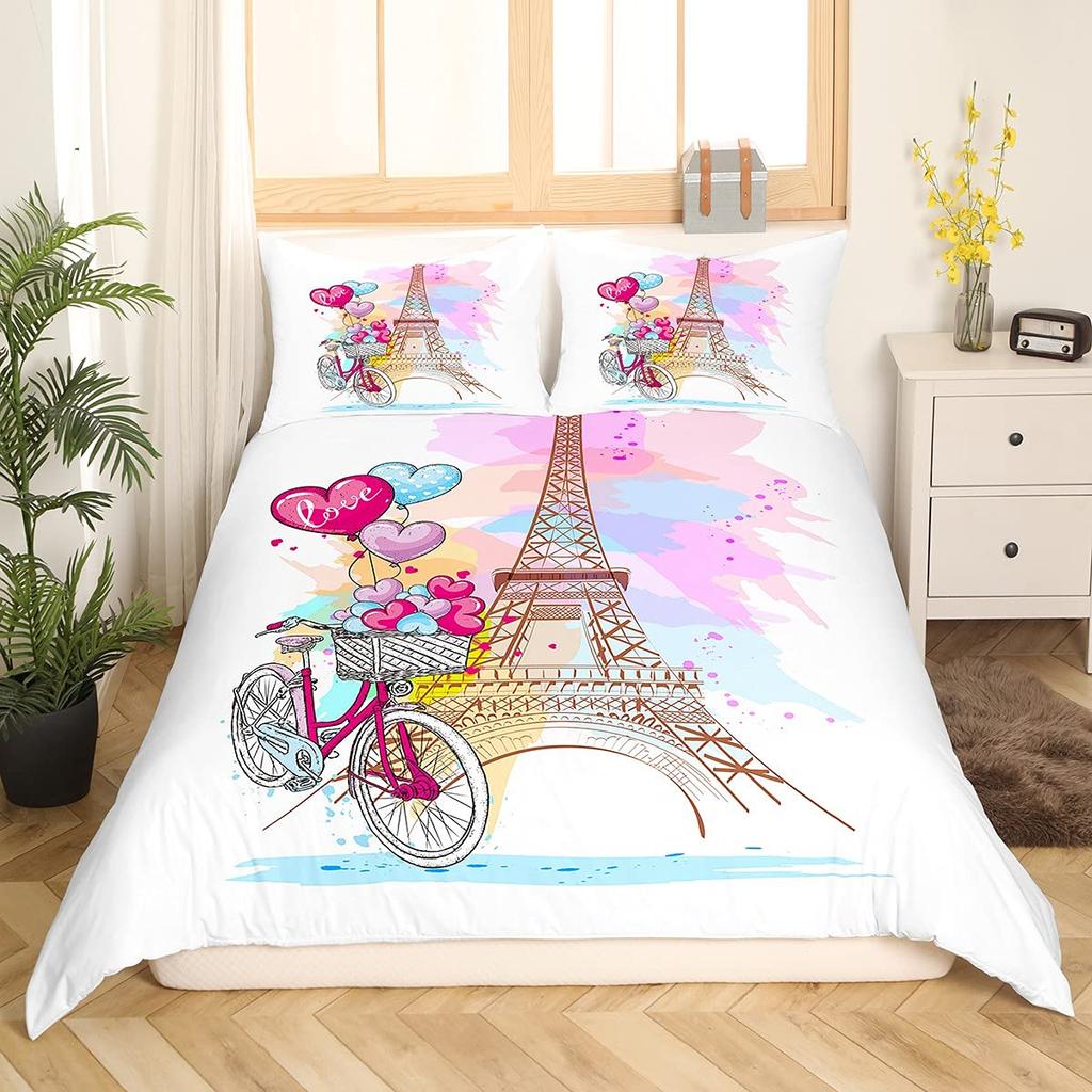 Eiffel Tower Duvet Cover Set King Size Paris Tower Bedding Set For Boy Girl Polyester Paris Cityscape Wooden Texture Quilt Cover