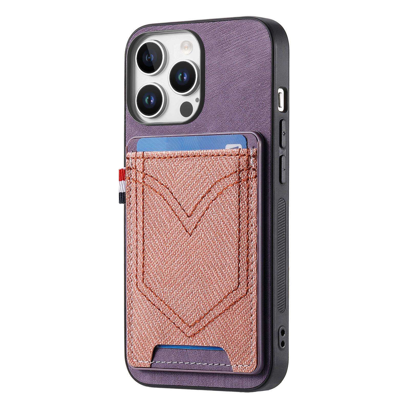 

For iPhone 16 Pro Phone Case Retro Jean Cloth Texture Leather TPU Card Holder Purple