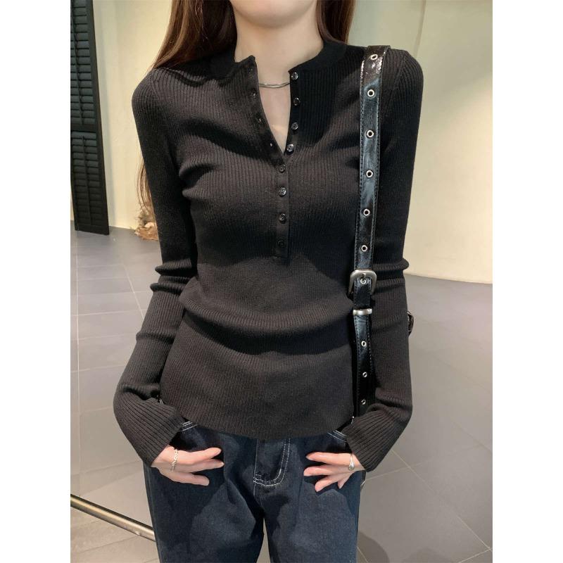 

Spring single-breasted slim-fit pit strip knitted sweater women s crew neck pullover long-sleeved top Lazy wind bottoming shirt L чёрный