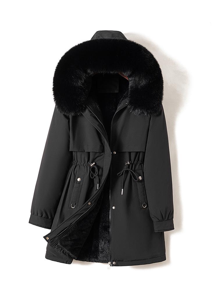 Women's 2026 Winter Mid-Length Velvet Parka with Large Fur Collar - Slimming Korean Style Cotton Jacket