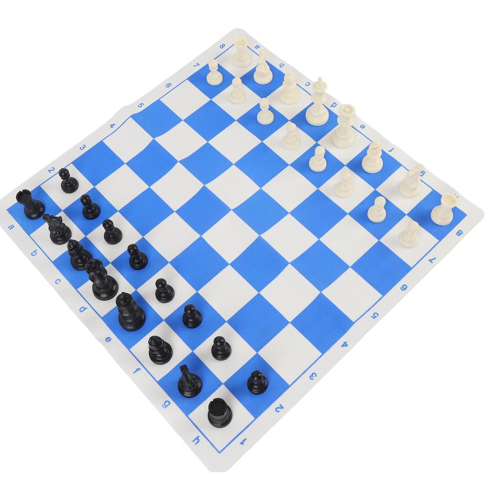 Schachset 42cm Blau und Weiß Aufrollbares PU-Schachbrett 75mm Schachfiguren aus Kunststoff mit Filzunterlage