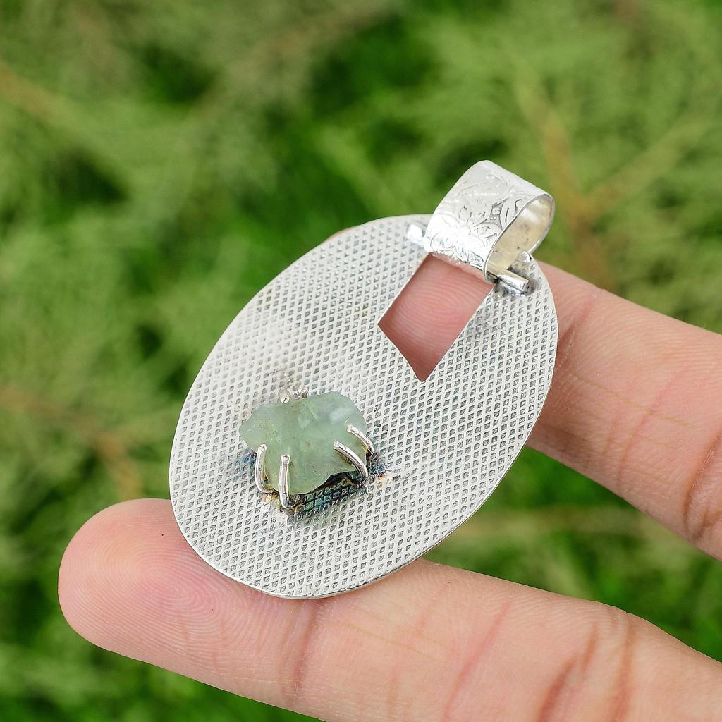 Daughters Day Sale Octagon Prehnite Rough Gemstone Pendant 925 Sterling Silver