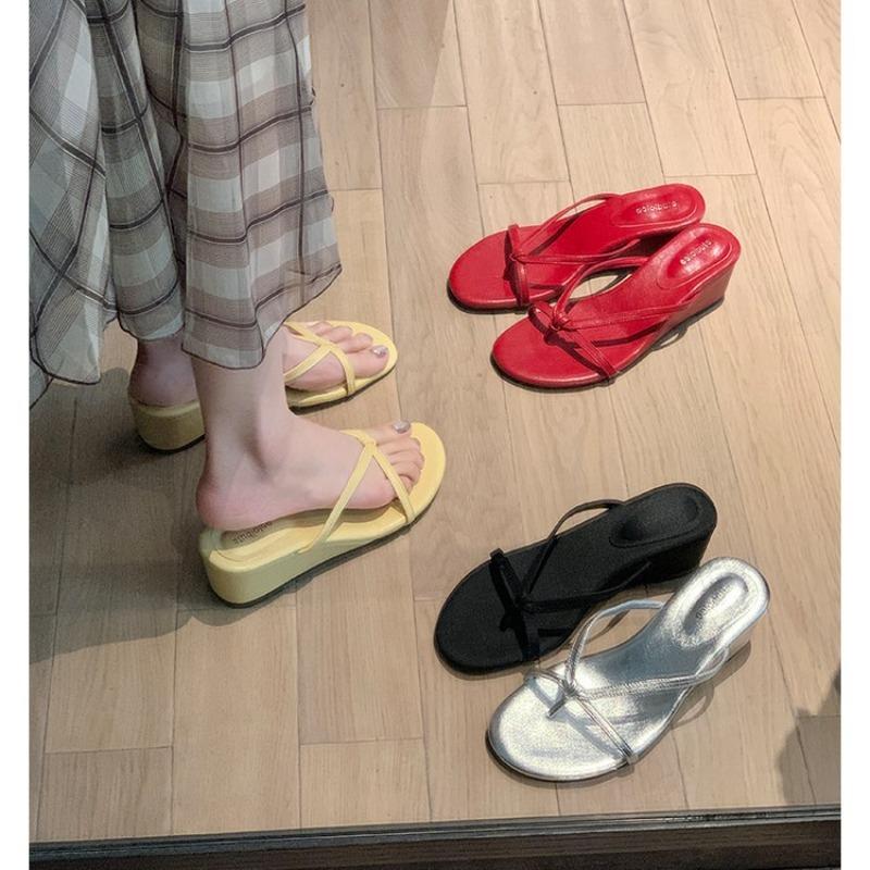 New Heel Height 6cm~ Silver Toe Outer Wear Temperament Beautiful Thin Belt Slope Heel Cool Slippers Summer