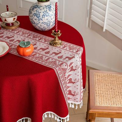 Cotton And Linen Festive Tablecloth Christmas Atmosphere Red Dining Table Cloth Coffee Table Cloth Round Table Cloth Wedding Decoration Cover Towel